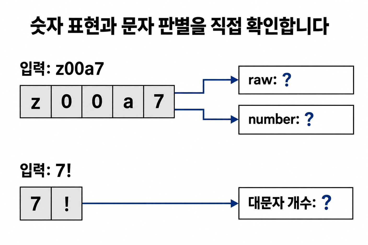 z00a7의 raw와 number, 7!의 대문자 개수를 빈칸으로 확인하는 두 입력 문제