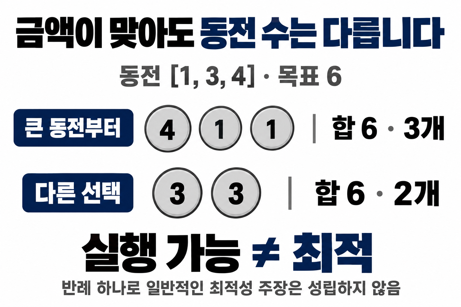 동전 1, 3, 4로 6을 만들 때 탐욕 세 개와 다른 선택 두 개의 비교