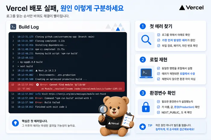 Vercel Next.js 배포 실패 해결 체크리스트 원인 진단 흐름