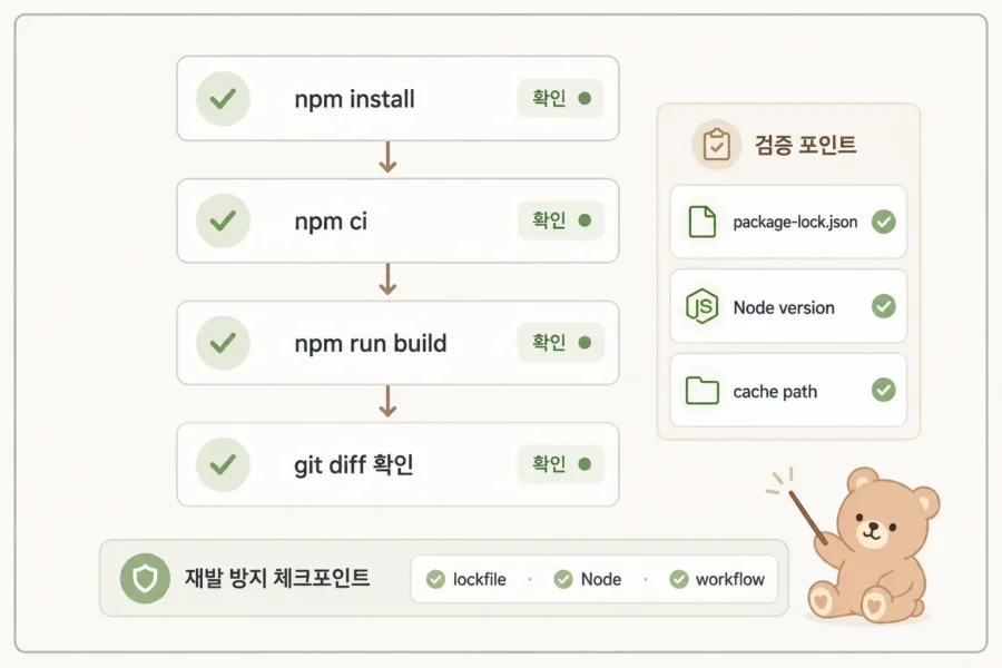 GitHub Actions npm ci 실패 원인을 lockfile, Node 버전, 캐시 경로로 나누어 진단하는 흐름