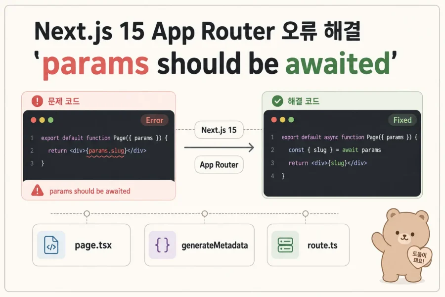 Next.js params should be awaited 오류 해결: App Router params 처리 기준 1 Next.js App Router params should be awaited 오류가 발생하는 page layout route handler 위치 점검 흐름