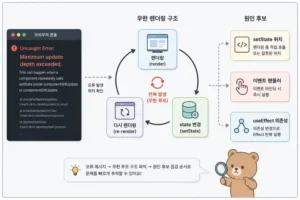 React Maximum update depth exceeded 오류 해결: 무한 렌더링 원인 찾기 5 React Maximum update depth exceeded 오류와 무한 렌더링 원인을 설명하는 인포그래픽