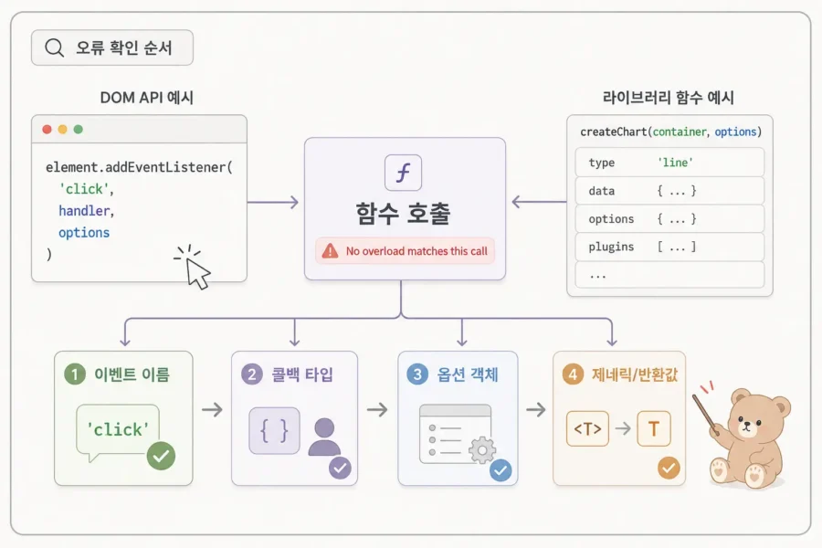 DOM과 라이브러리 함수에서 No overload matches this call 오류를 확인하는 순서