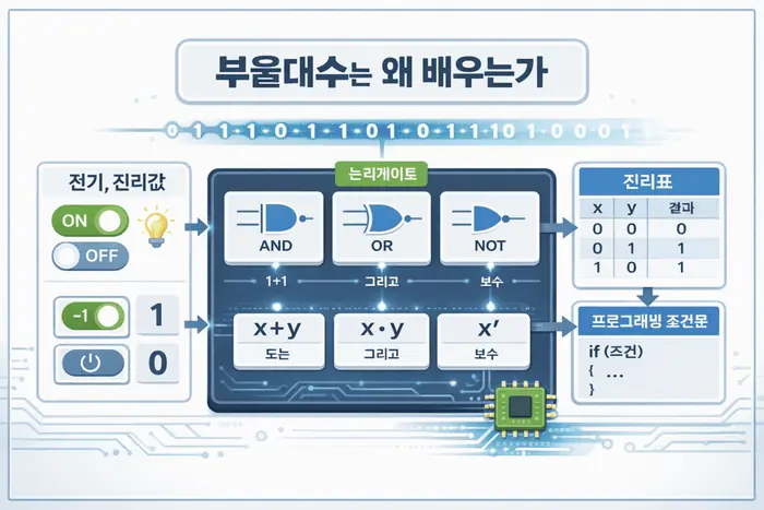 부울대수 쉽게 이해하기: 진리표와 논리게이트 간소화 기준 핵심 개념을 설명하는 첫 번째 본문 이미지