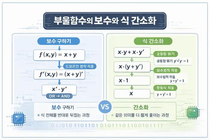 부울대수 쉽게 이해하기: 진리표와 논리게이트 간소화 기준 적용 흐름을 설명하는 두 번째 본문 이미지
