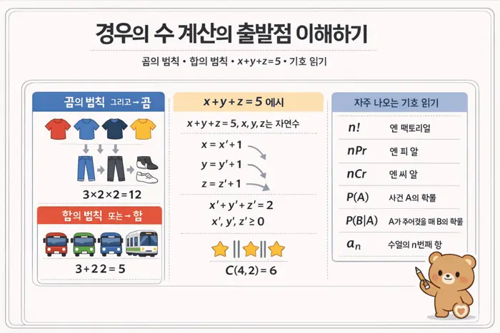 조합이론 쉽게 이해하기: 순열 조합 확률 점화식 기준 핵심 개념을 설명하는 첫 번째 본문 이미지