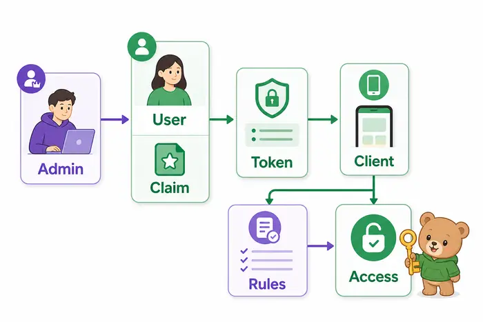 Firebase Custom Claims가 사용자 역할을 토큰과 보안 규칙에 전달하는 구조