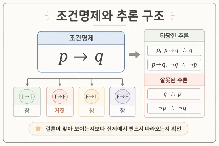 명제 논리 쉽게 이해하기: 조건명제가 헷갈릴 때 보는 기준 적용 흐름을 설명하는 두 번째 본문 이미지