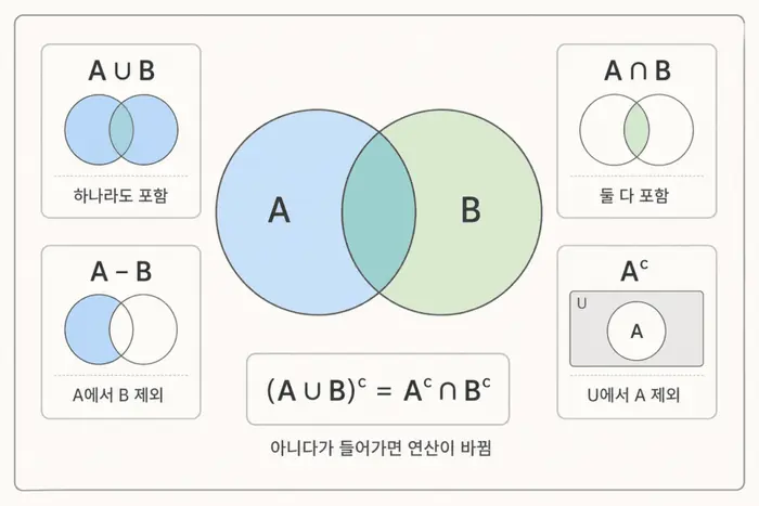 이산수학 집합 쉽게 이해하기: 원소 부분집합 집합연산 적용 흐름을 설명하는 두 번째 본문 이미지