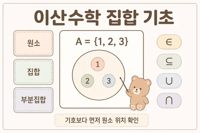이산수학 집합 기초 개념을 원소, 부분집합, 집합연산 흐름으로 정리한 인포그래픽