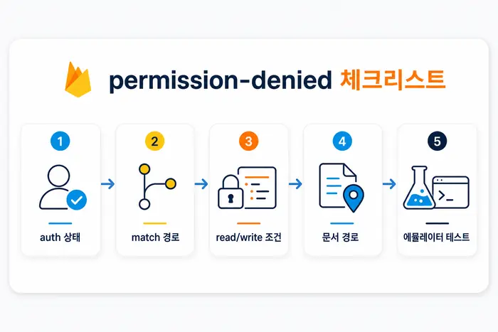 Firebase permission-denied 오류 해결: Firestore Rules 체크리스트의 원인을 단계별로 점검하는 다이어그램
