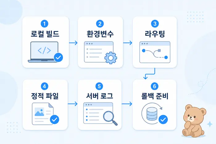 프론트엔드 배포 오류 체크리스트의 install, build, runtime, routing 단계별 해결 흐름