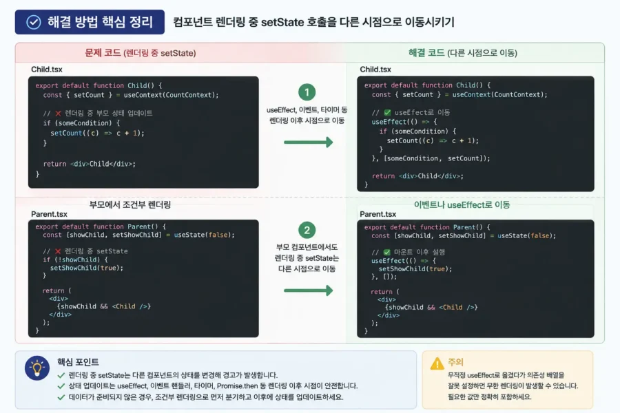 React Cannot update a component while rendering a different component 오류 해결: 렌더링 중 setState 원인 찾기 2 React setState 호출 위치를 이벤트 핸들러 useEffect 초기값으로 구분하는 체크리스트