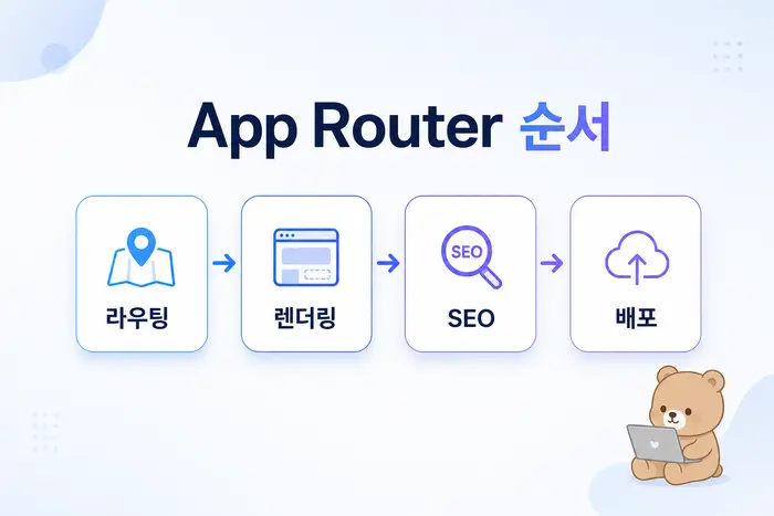 Next.js App Router 학습 순서: 라우팅, 렌더링, SEO, 배포까지 첫 번째 설명 다이어그램