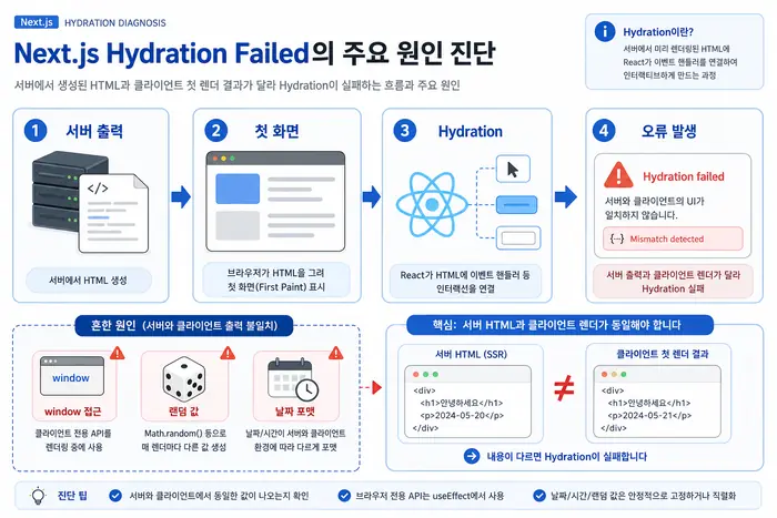 Next.js hydration failed 원인 진단: 서버 출력부터 React hydration mismatch까지의 흐름