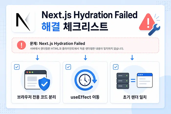 Next.js hydration failed 해결 체크리스트: browser-only 코드 분리와 useEffect 이동 기준