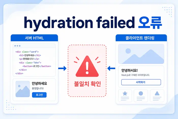 Next.js hydration failed 오류 대표 이미지: 서버 HTML과 클라이언트 렌더링 불일치 구조