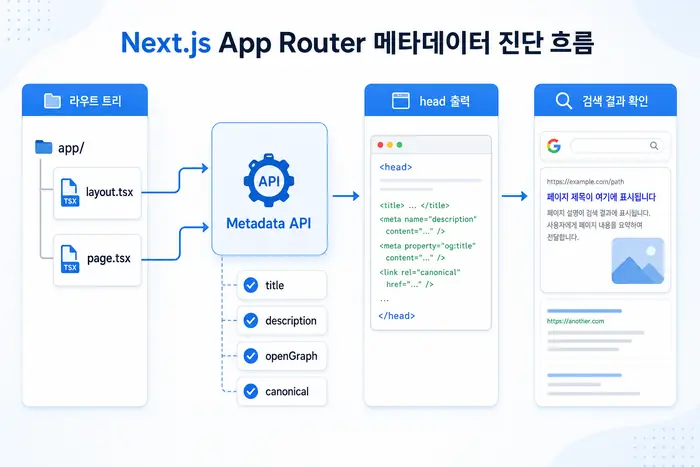 Next.js metadata 적용 오류 진단: layout page metadata API와 head 출력 확인 흐름