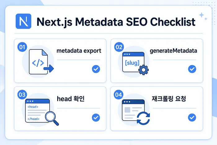 Next.js metadata SEO 해결 체크리스트: generateMetadata와 head 확인 재크롤링 요청 기준