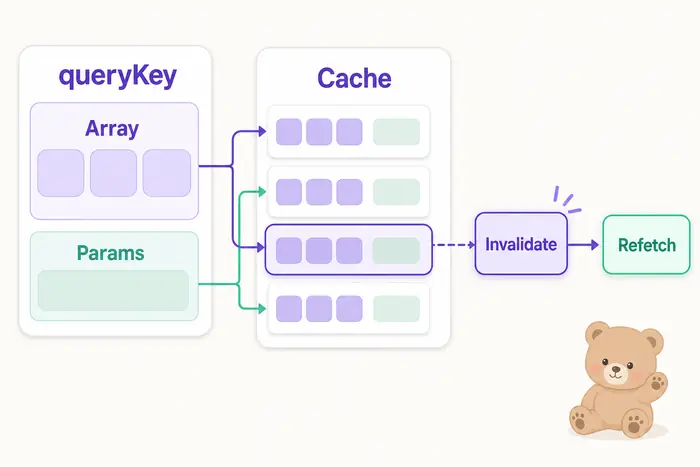 TanStack Query queryKey 배열이 Params, Cache, Invalidate, Refetch 흐름으로 이어지는 구조