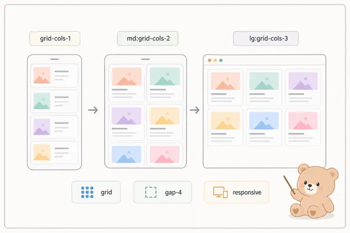 Tailwind CSS Grid로 카드 목록의 기본 열 구조와 반응형 배치를 설명하는 인포그래픽