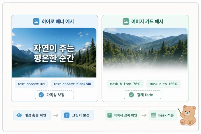 Tailwind CSS v4.1에서 text-shadow와 mask가 배경 이미지와 텍스트 가독성에 적용되는 구조 예시
