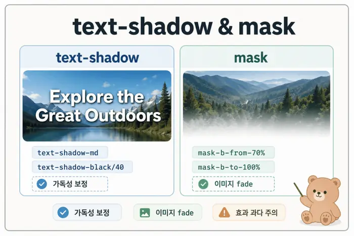 Tailwind CSS v4.1 text-shadow와 mask 유틸리티를 비교해 정리한 UI 인포그래픽