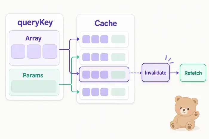 TanStack Query queryKey 배열이 Params, Cache, Invalidate, Refetch 흐름으로 이어지는 구조