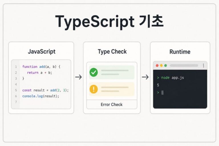 TypeScript가 JavaScript 위에 타입 검사 과정을 더하는 구조를 보여주는 UI 다이어그램