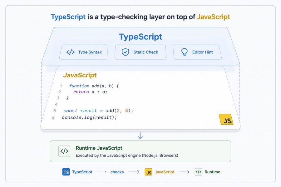 TypeScript와 JavaScript의 관계를 타입 검사 레이어로 설명하는 UI 카드 이미지