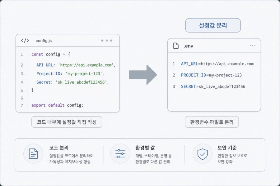 코드에 직접 적은 설정값을 환경변수 파일로 분리하는 흐름