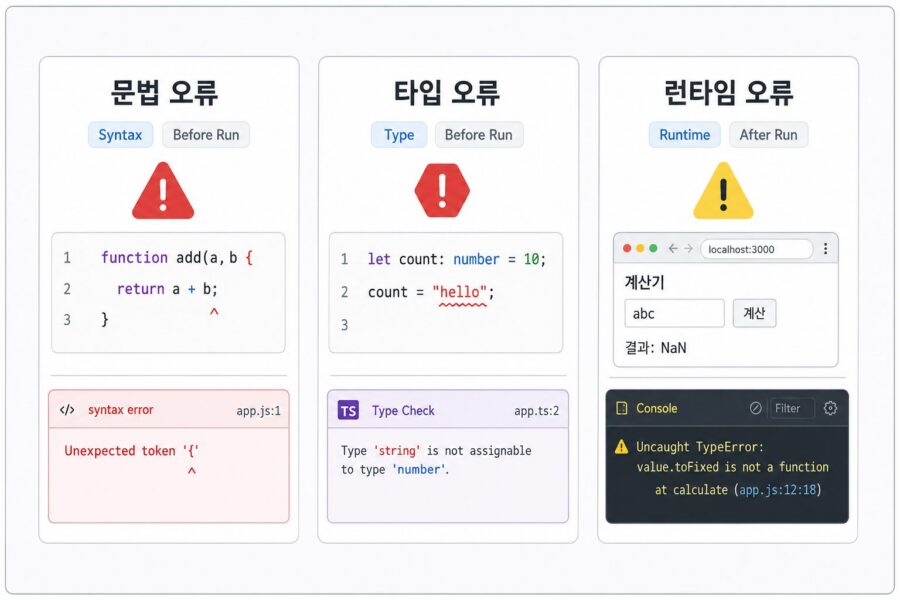 JavaScript 문법 오류와 TypeScript 타입 오류와 런타임 오류 차이를 비교한 인포그래픽