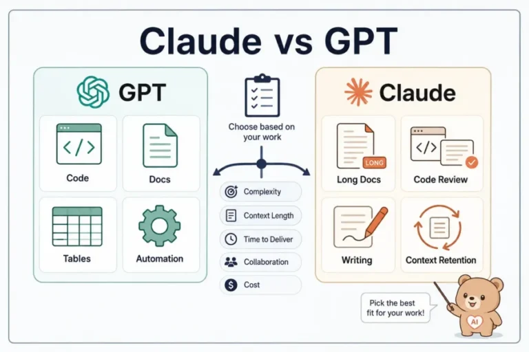 Claude와 GPT의 장단점을 코딩, 글쓰기, 문서 작업 기준으로 비교한 AI 도구 인포그래픽