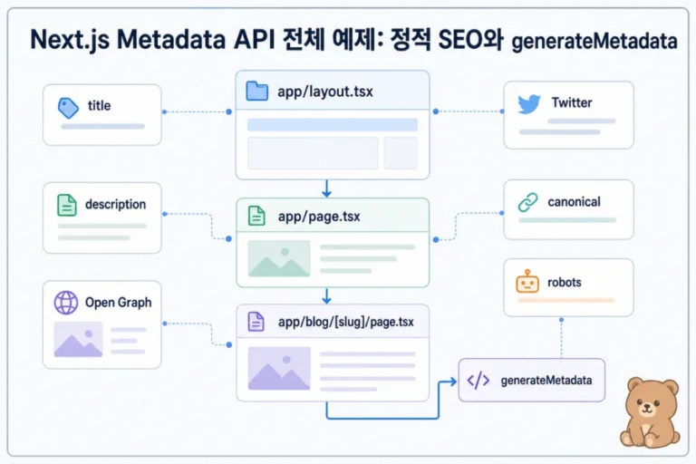 Next.js App Router에서 Metadata API가 layout, page, generateMetadata로 연결되는 전체 구조
