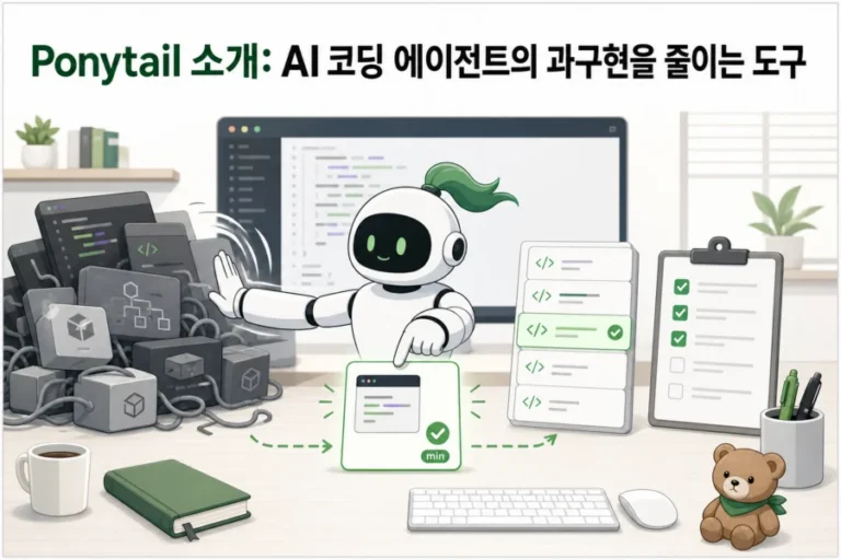 AI 코딩 에이전트가 불필요한 구현 대신 필요한 최소 구현을 선택하는 모습을 표현한 Ponytail 소개 이미지