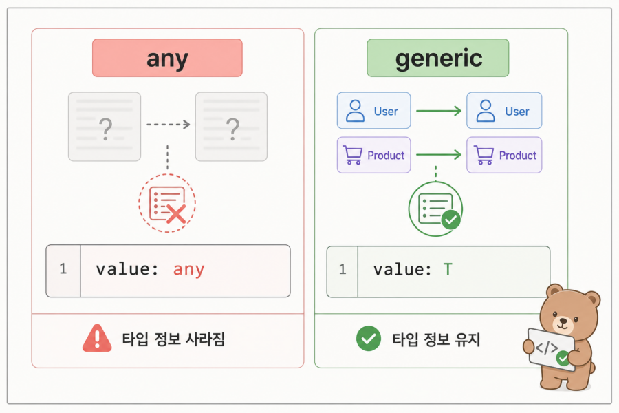 any와 generic의 타입 정보 유지 차이를 비교한 다이어그램