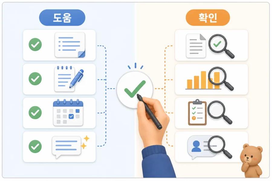 AI 활용의 장점과 주의점을 비교해 보여주는 이미지