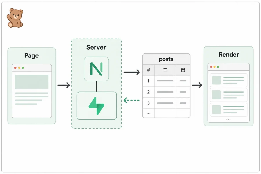 Next.js 페이지 요청에서 Supabase 조회와 화면 렌더링으로 이어지는 데이터 흐름