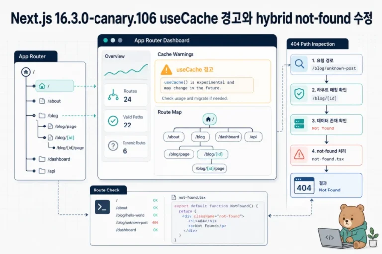 Next.js 16.3.0-canary.106 canary 업그레이드와 라우팅 점검을 나타내는 대표 이미지