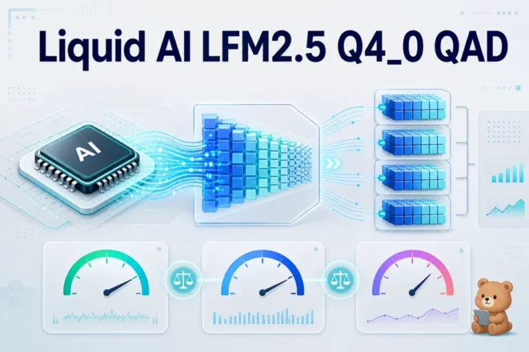Liquid AI LFM2.5 Q4_0 QAD 체크포인트와 온디바이스 AI 양자화 개선을 표현한 기술 개념 이미지