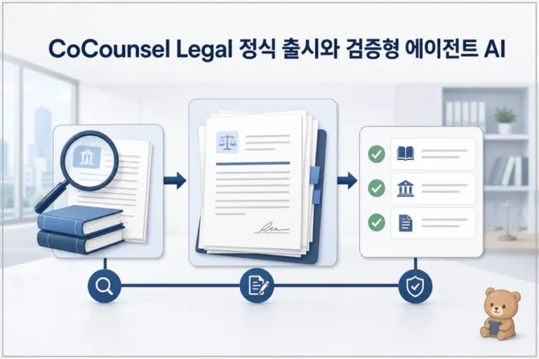 법률 문서 검토와 검증형 에이전트 AI 흐름을 상징하는 설명형 이미지