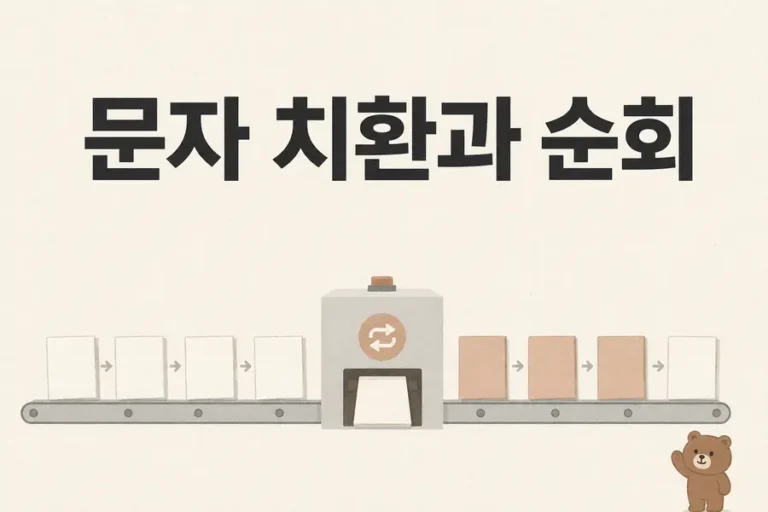 문자열을 순회하며 일치하는 문자를 치환하는 과정을 표현한 2D 편집 일러스트