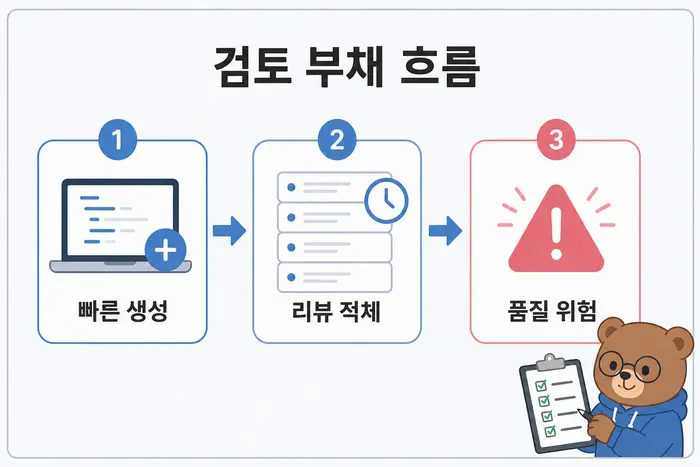 검토 부채 흐름: 빠른 생성, 리뷰 적체, 품질 위험