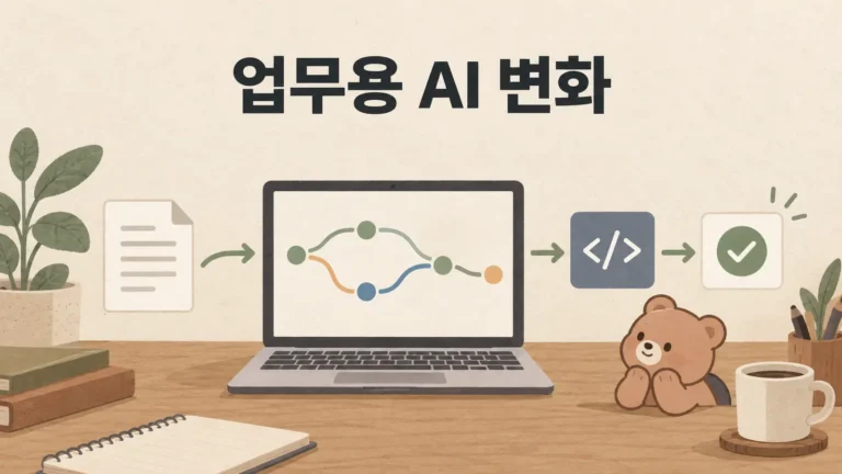 업무용 AI 변화와 통제된 배포 흐름을 표현한 2D 편집 일러스트