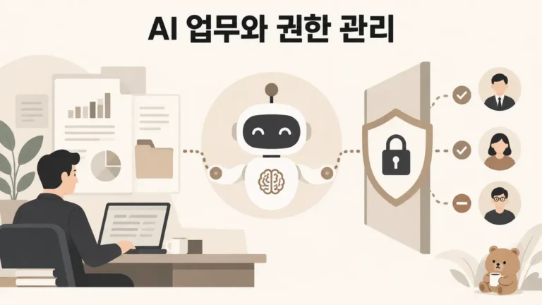 AI 업무와 권한 관리를 표현한 금융 문서·AI 조력자·보안 권한 게이트의 2D 일러스트