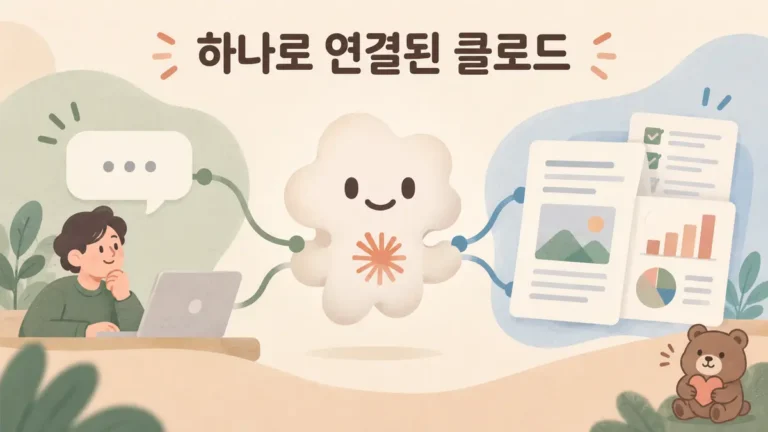 하나의 Claude 대화가 질문과 문서·발표 자료 작업을 함께 처리하는 구조의 2D 일러스트