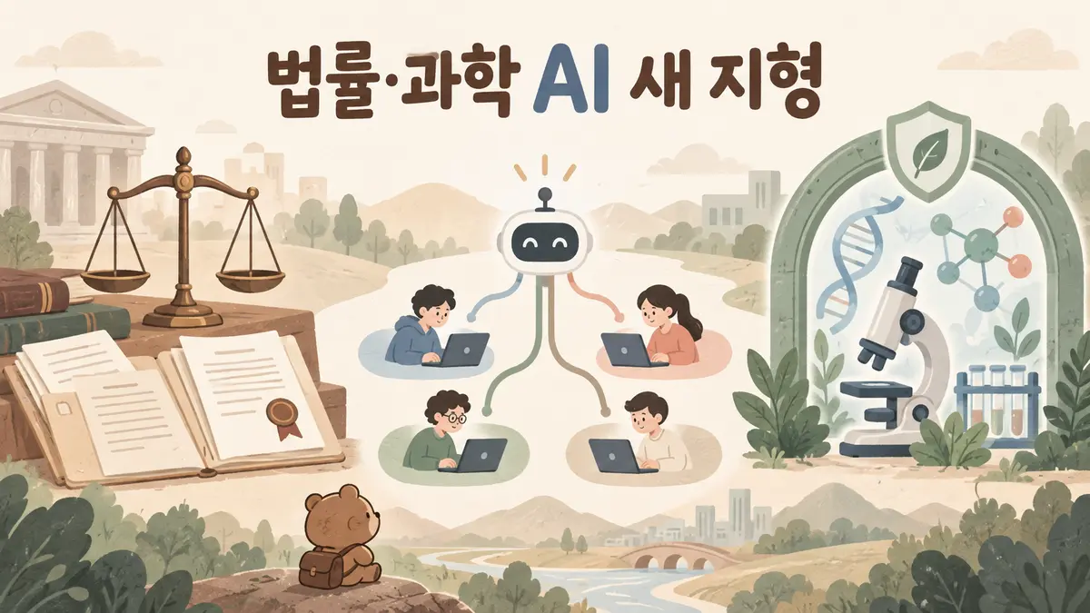 법률 AI, 병렬 개발 프로젝트, 검증된 생명과학 연구가 연결된 2D 편집 일러스트