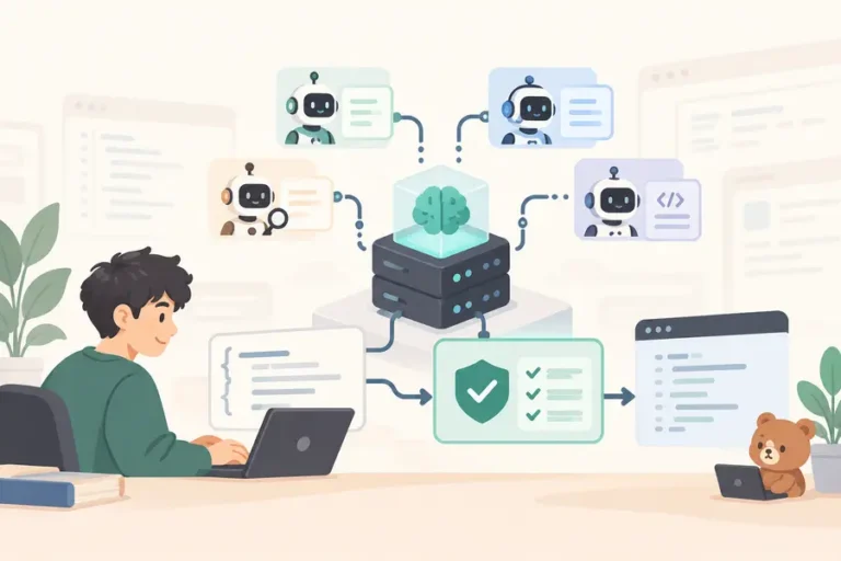 TanStack AI의 MCP 서버와 입력 검증을 중심으로 여러 AI 에이전트가 연결된 밝은 편집 일러스트