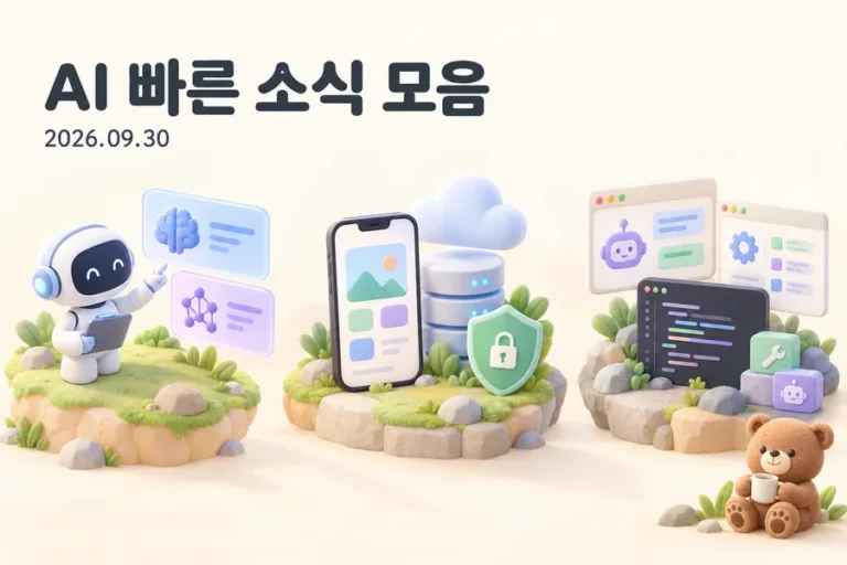 2026년 9월 30일 AI 빠른 소식 모음: 모델 선택, 앱 제작, 에이전트 도구를 표현한 파스텔 일러스트