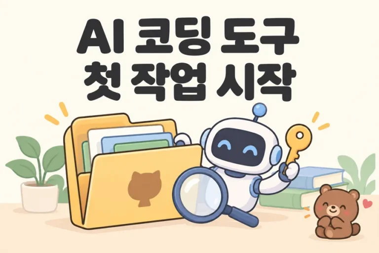 저장소 폴더와 열쇠, 돋보기로 표현한 AI 코딩 도구 첫 작업 표지